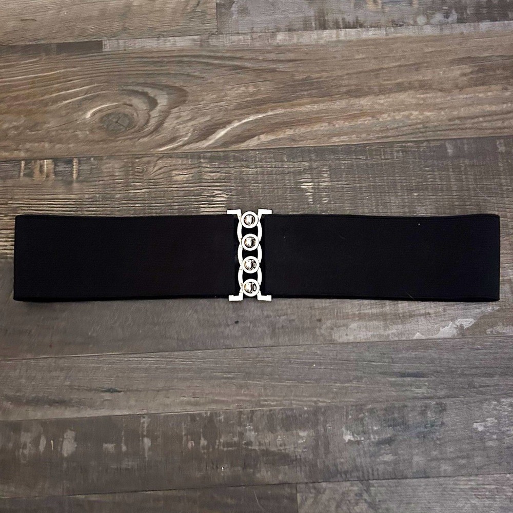 Women's Black Wide Stretch Adjustable Waist Belt w/ Silver Tone Buckle